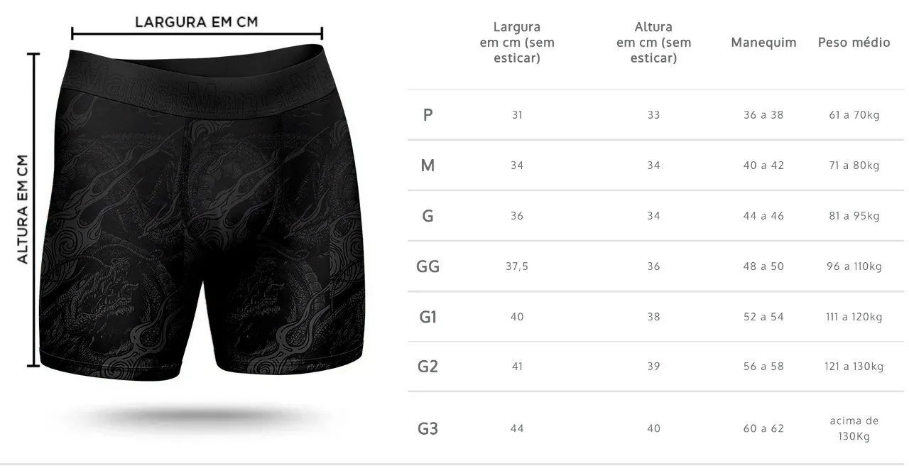 Tabela de medidas as Cuecas Boxer Longas com Estampa Digital