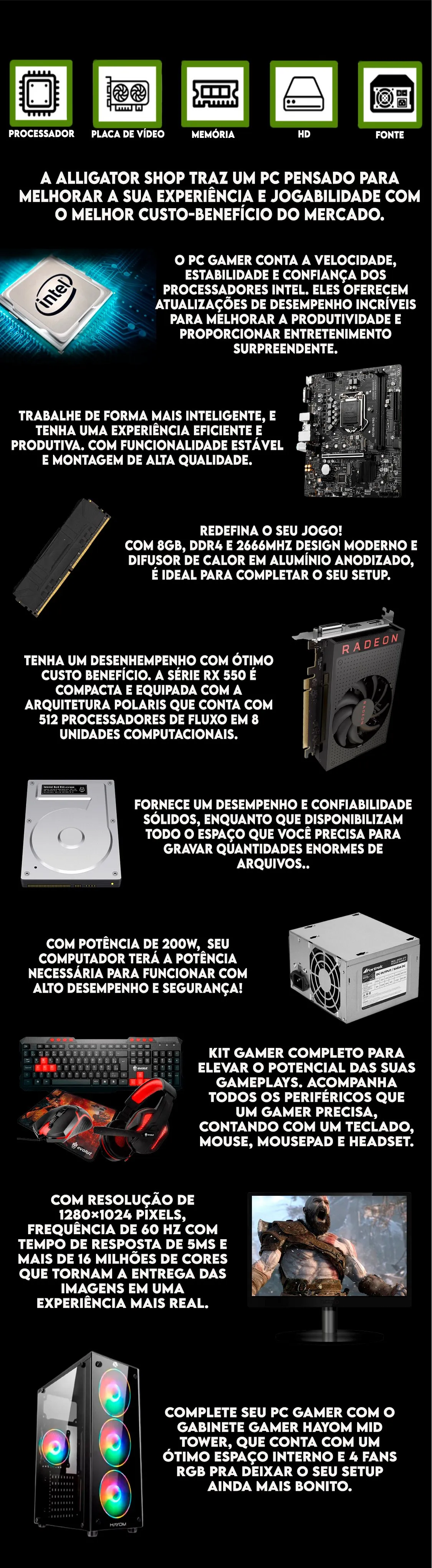 BGA SOLUCOES - COMPUTADOR GAMER BGA FULL, INTEL I3-8100, RADEON RX 550 4GB,  8GB DDR4, SSD 240GB + CADEIRA GAMER + MONITOR 21 + KIT PERIFÉRICOS